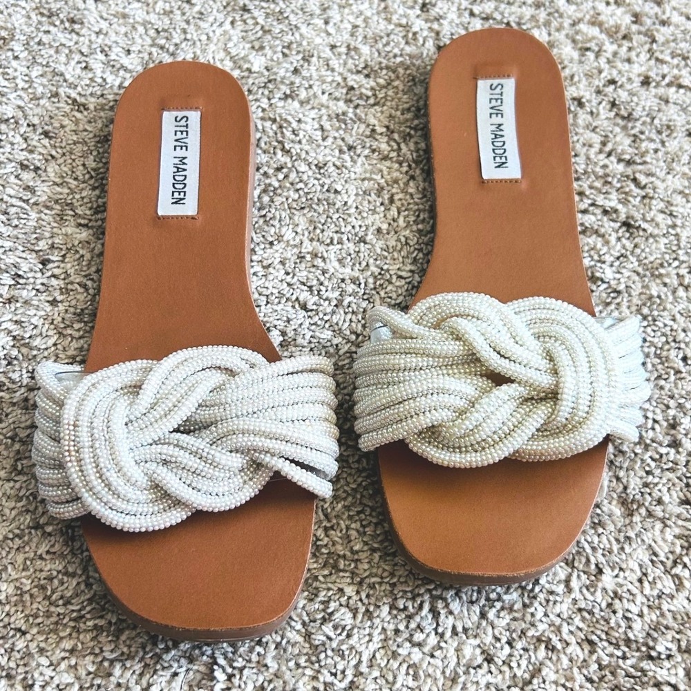 Steve Madden Adore White Bridal Ceramic Stone Braided Flat Slide Sandals SZ 8M